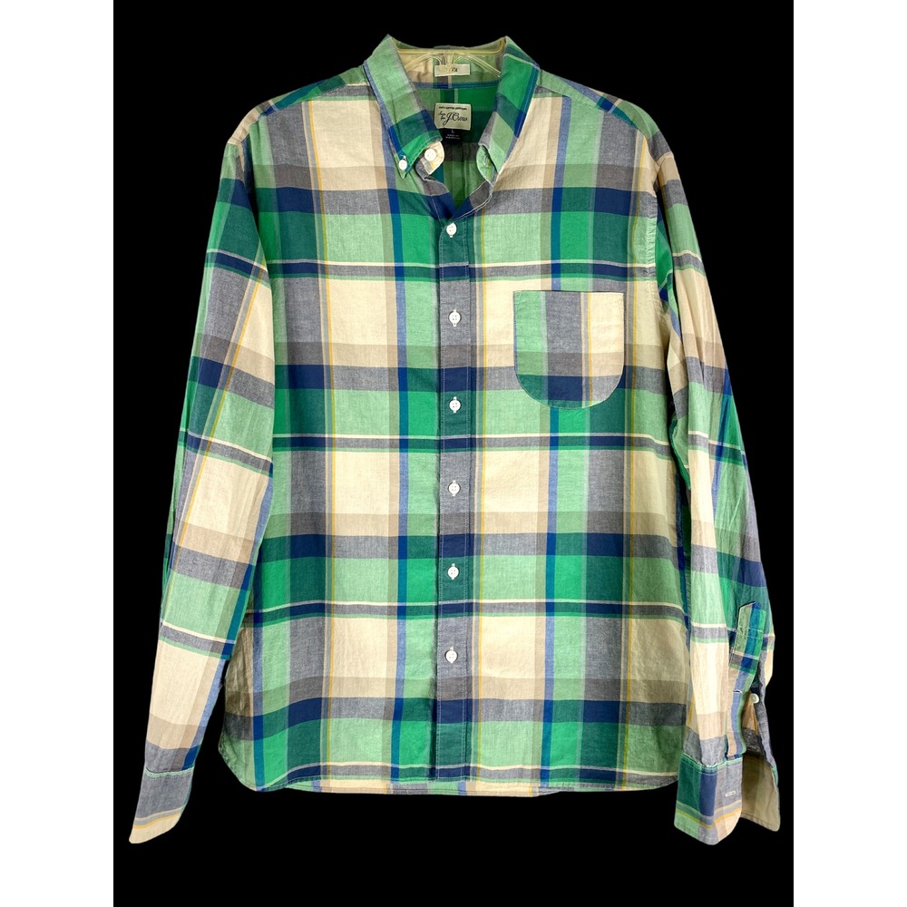 J Crew Slim L Men's Shirt Button Down Long Sleeves Green/Blue/Beige Plaid Cotton